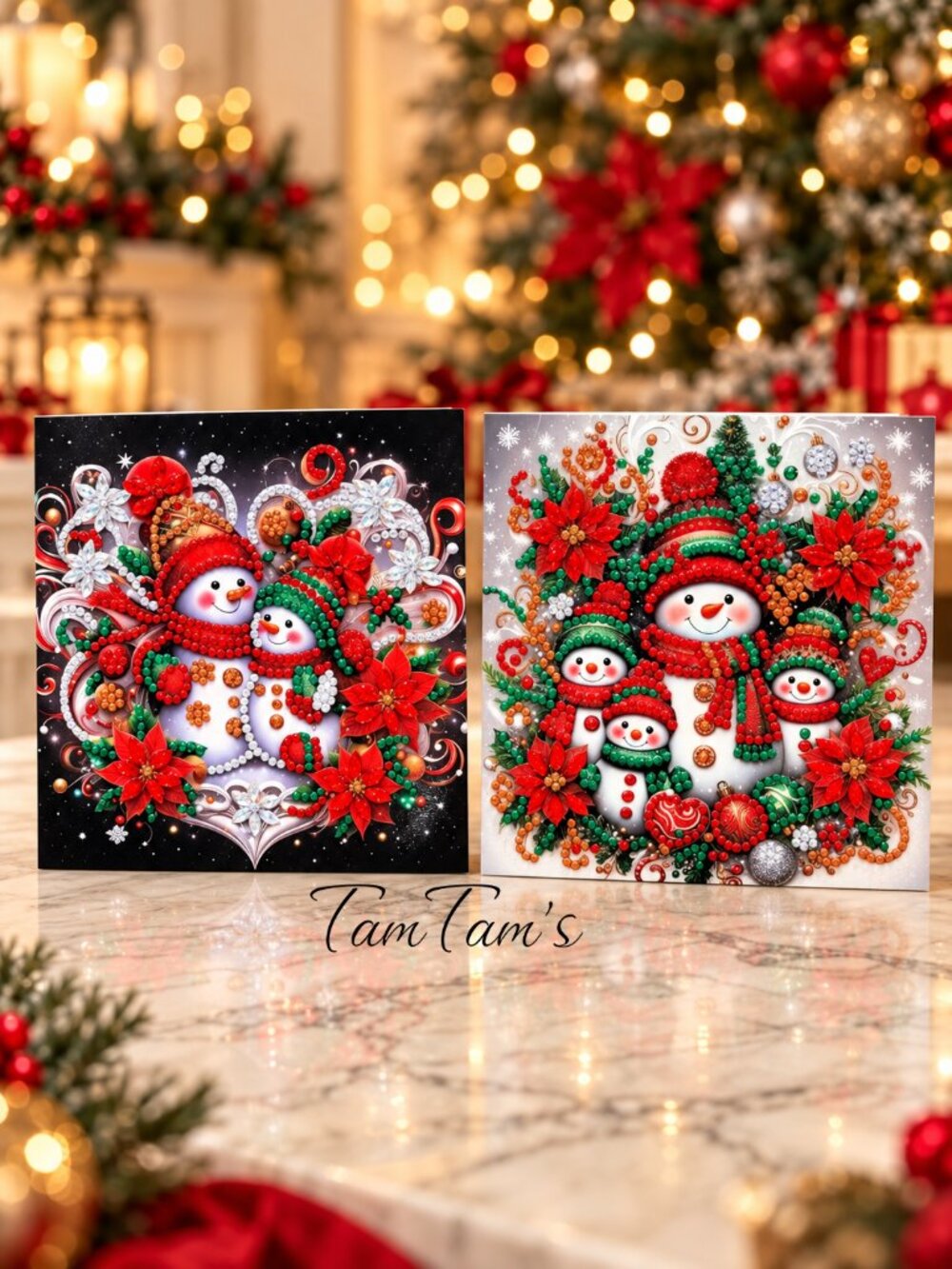 Two Handmade Sparkling Snowman Christmas Cards – Festive Red & Green Jeweled
